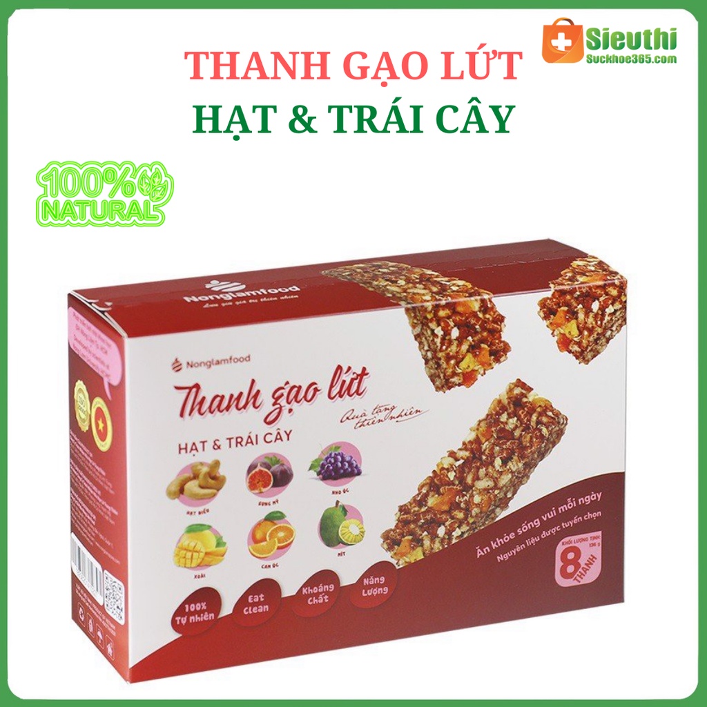 Bánh thanh cơm gạo lứt sấy hạt & Trái Cây hộp 8 thanh 136g nhiều vitamin dinh dưỡng dùng cho người tiểu đường, ăn kiêng