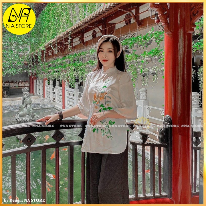 Đồ Làm Đi Chùa Nữ kiểu bà ba Trắng, Xanh Mint, Xanh rêu chất liệu gấm lụa Thêu Hoa Cúc, mền mịn,cổ trụ, tay lỡ - AL043