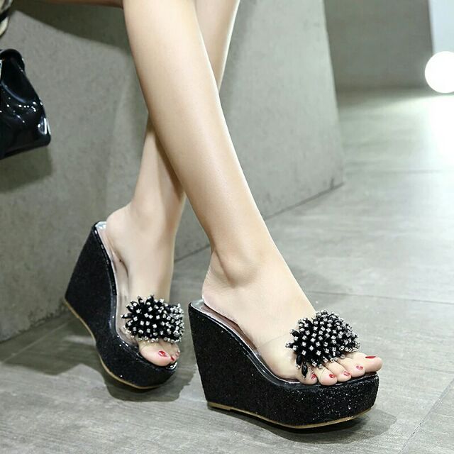 Dép đế xuồng nhũ kim sa quai đính đá 8-12 cm, hàng cao cấp