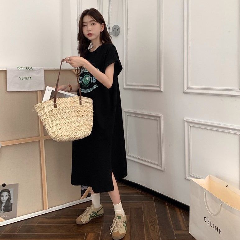 Đầm Thun Nữ Ngắn Tay In Chữ Thời Trang Hàn Quốc
