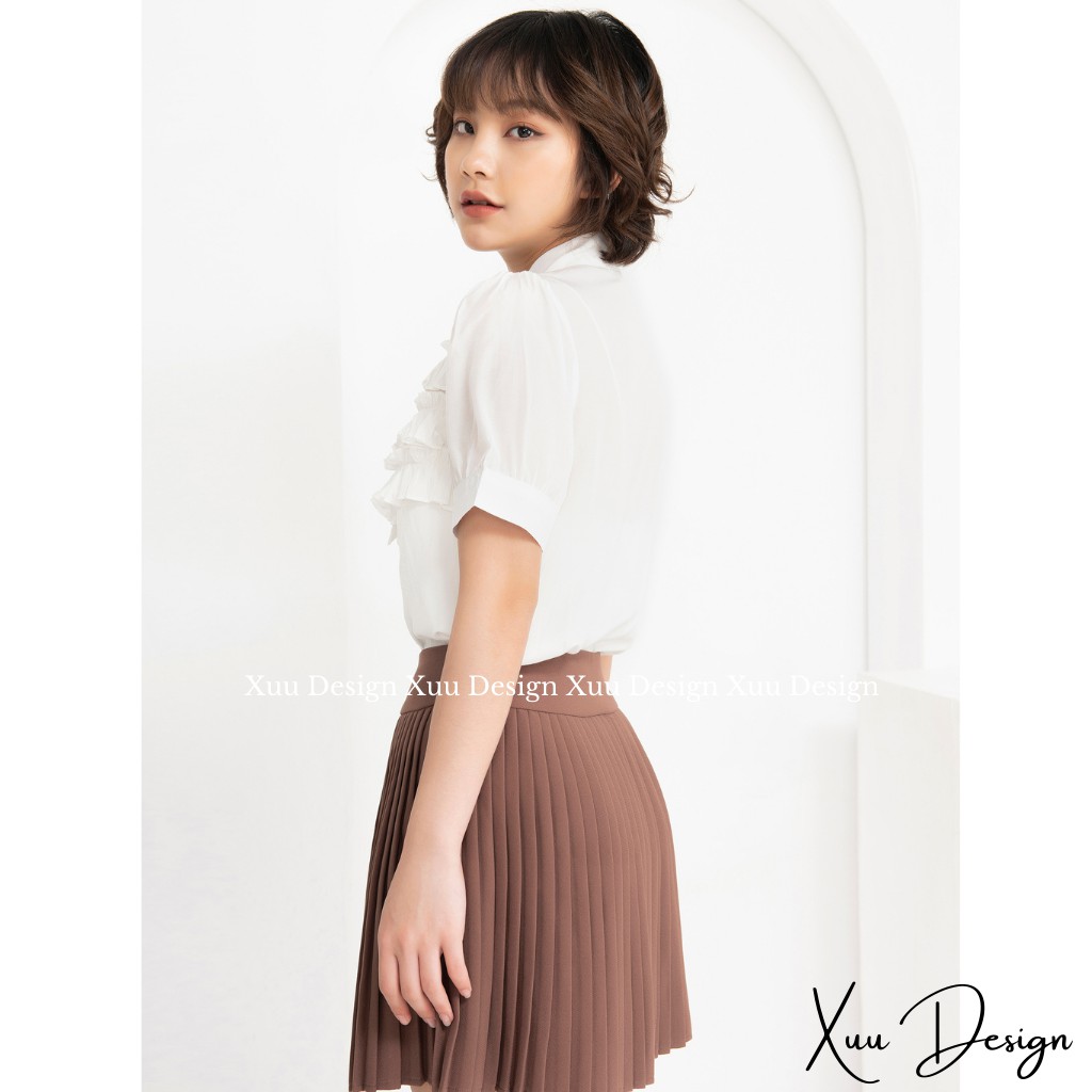 Áo kiểu nữ cổ nơ Xuu Design, Áo sơ mi phối bèo ngực chất vải Lụa Hàn dáng suông [TK21.05 Trắng]
