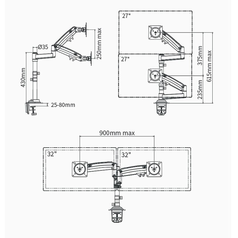 Giá treo 2 màn hình máy tính NB-H180 22-32 inch, arm màn hình kép xoay 360 độ, tải 12kg, xếp trên dưới