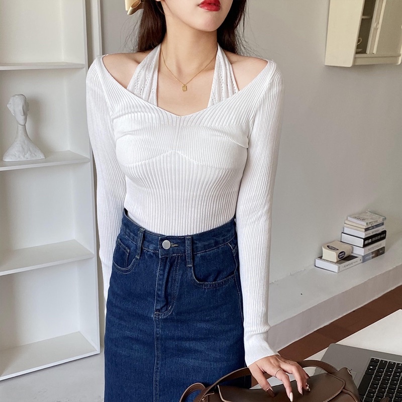 Áo len nữ tay dài cổ V phối dây cổ sành điệu - Áo dệt kim nữ Quảng Châu cao cấp | BigBuy360 - bigbuy360.vn