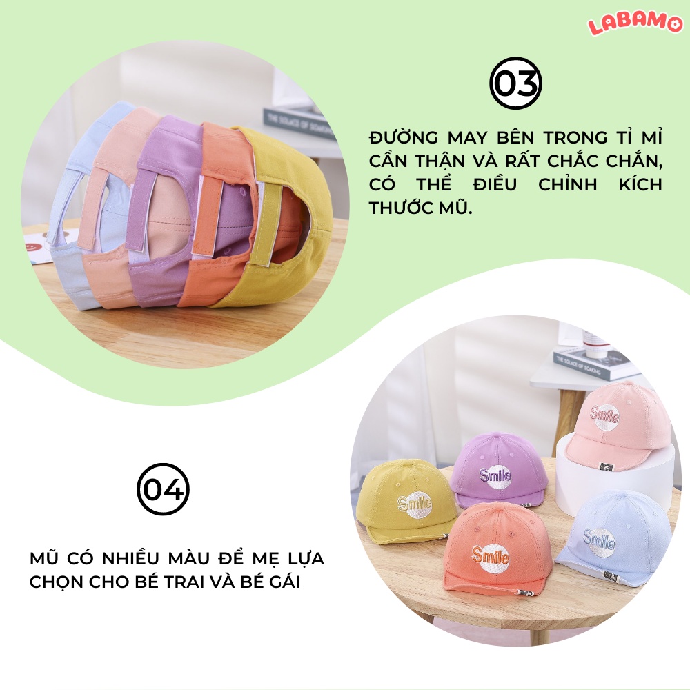 Mũ lưỡi trai cho bé trai bé gái thêu hoa tiết chữ smile phong cách hàn quốc LABAMO MU01