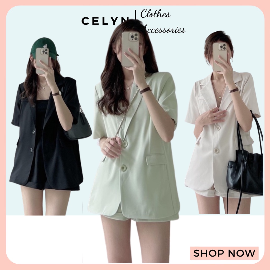 Set vest áo blazer ngắn tay kèm quần short đùi ngắn gấp gấu cạp chun dễ thương năng động hàn quốc SV001 Celyn.clothes