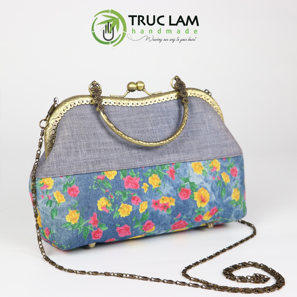 Túi Xách Tay Đeo Chéo Thời Trang Nữ Vải Denim Khóa Nẹp Đồng Họa Tiết Hoa - Trúc Lâm Handmade