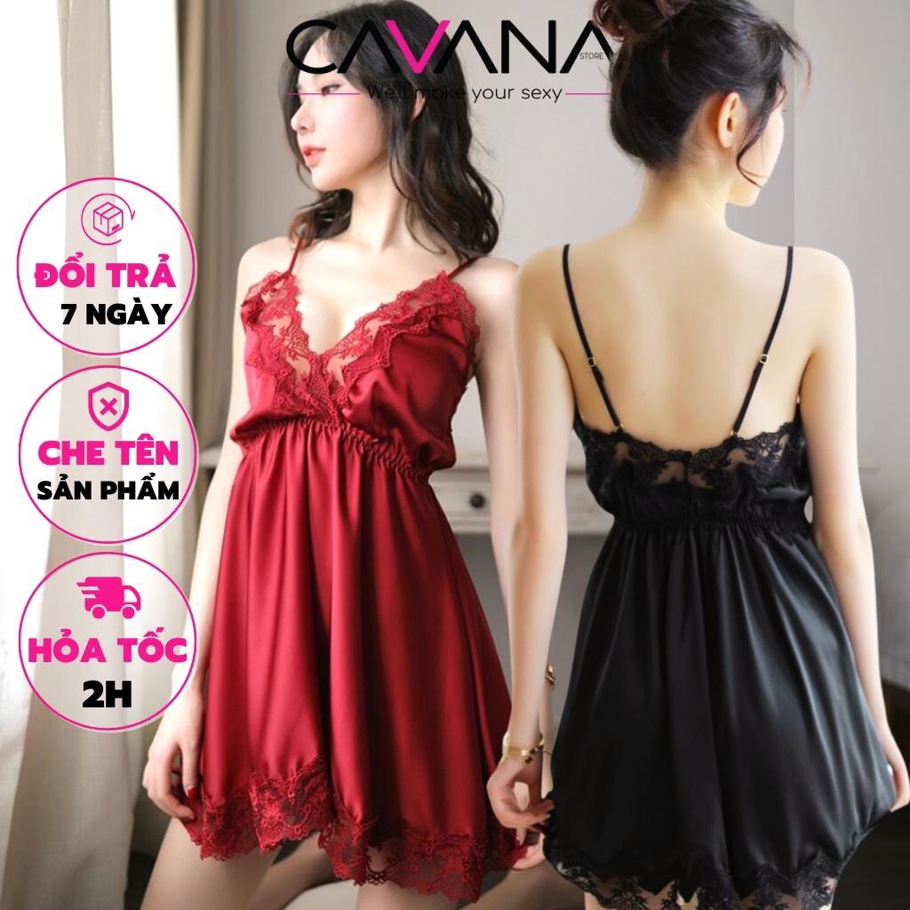 Đầm ngủ, váy ngủ sang trọng quyến rũ phi lụa mềm mại phối ren N40 - CAVANA STORE