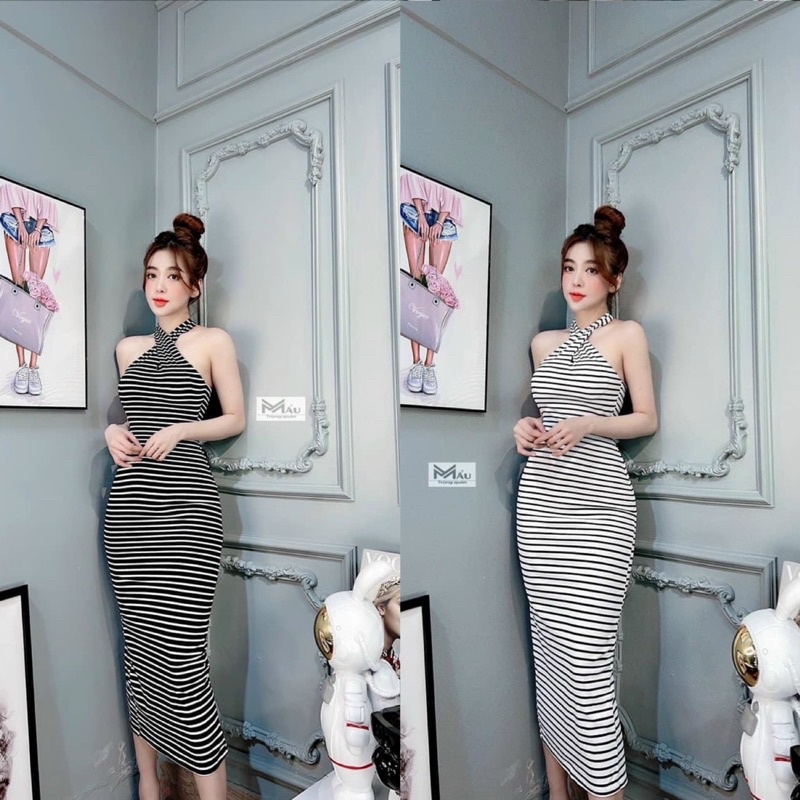 Đầm sọc chéo cổ ôm body