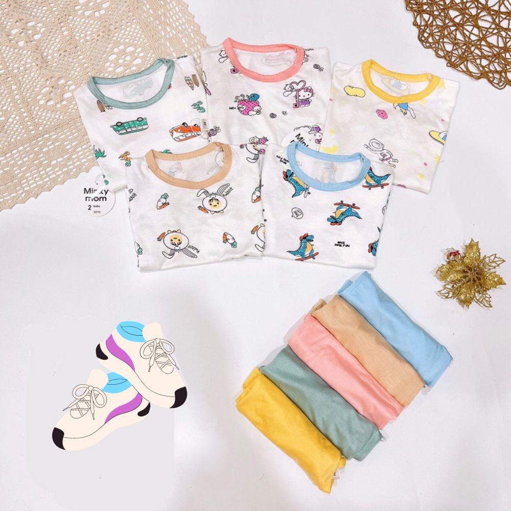 Đồ Bộ Cộc Tay Thun Lạnh Minky Họa Tiết Phối Cổ Viền Quần Màu Cho Bé Trai/ Bé Gái 6-16kg