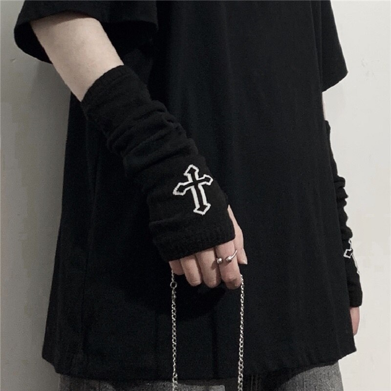 Punk EMO Style Streetwear Women Wrist Arm Warmer Knitted Long Fingerless Gloves Black Mitten Halloween Cross Gloves Dark Moon