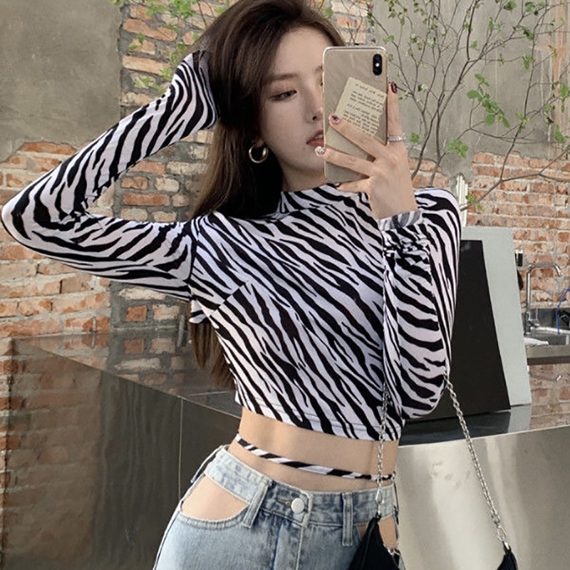 IELGY Áo Thun Lửng Tay Dài Hở Lưng Ôm Dáng In Họa Tiết Ngựa Vằn Cho Nữ