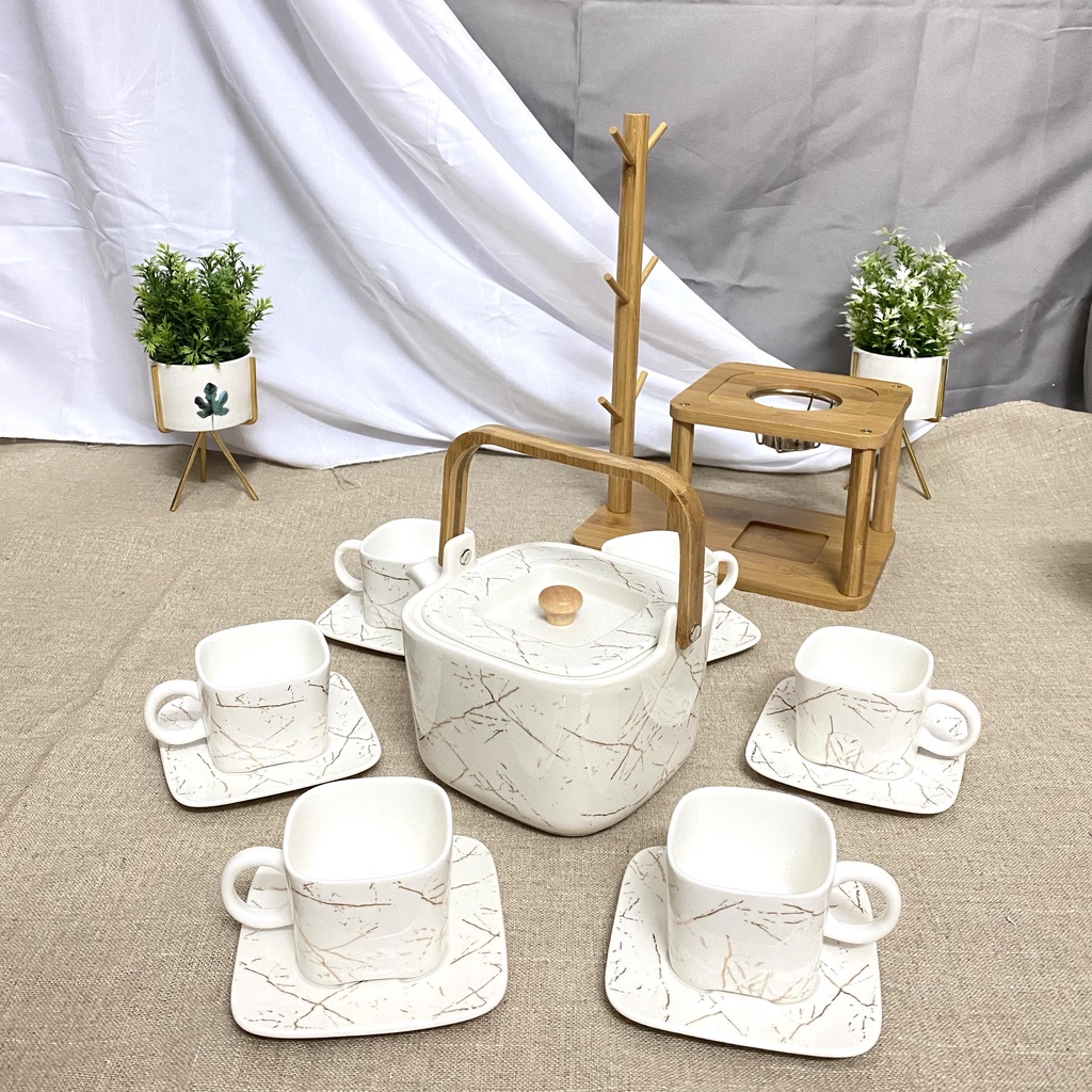Bộ ấm chén dáng vuông họa tiết vân đá, kèm giá treo cốc độc đáo 7.118