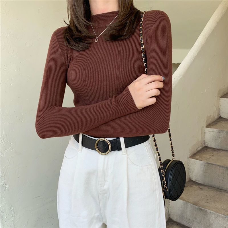 Áo Sweater Dệt Kim Cổ Lọ Tay Dài Dáng Ôm Thời Trang Mùa Thu Xinh Xắn Cho Nữ