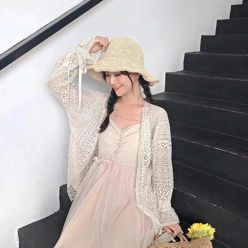 Áo khoác ren mỏng đi biển dài tay thắt nơ cổ tay CÓ SẴN