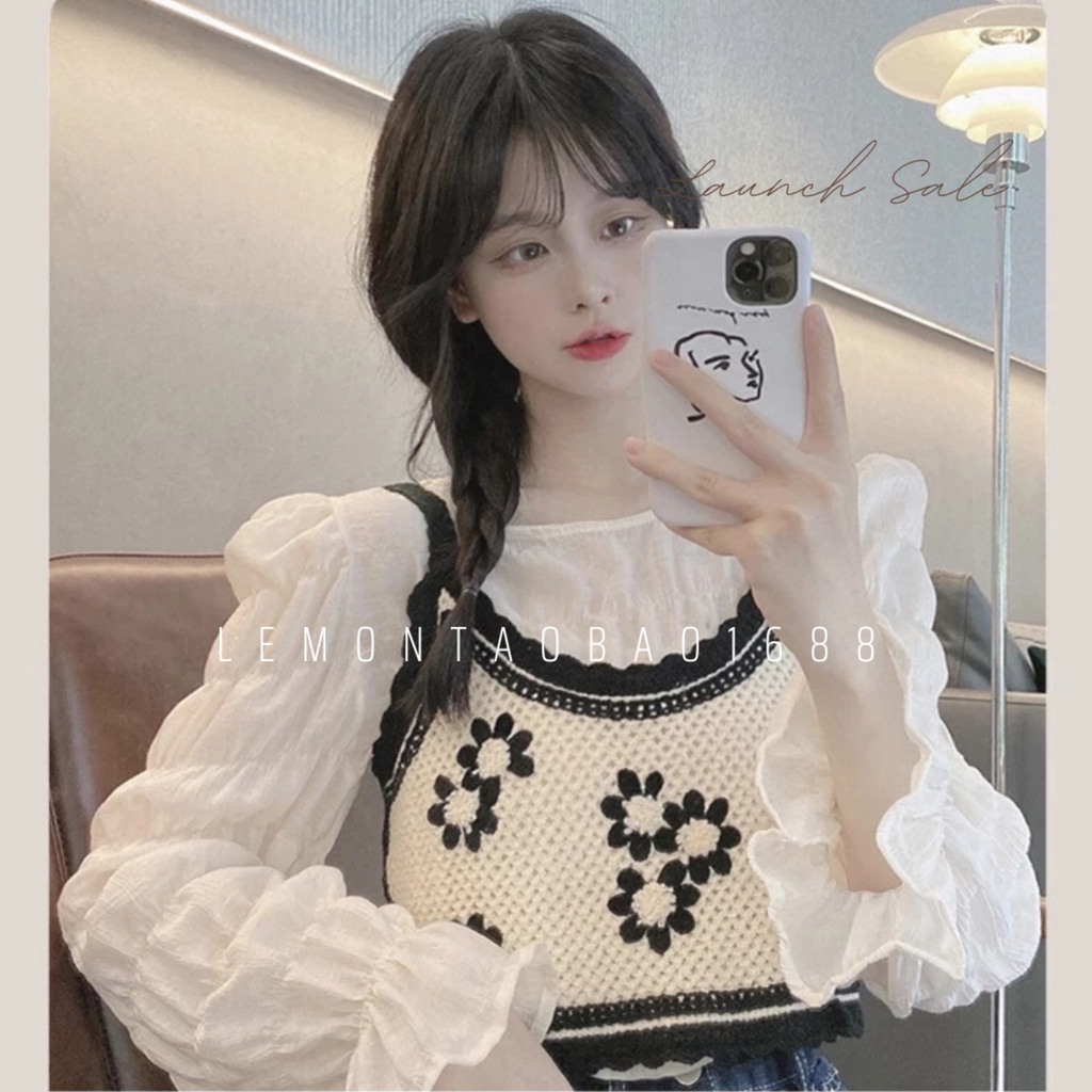 Áo 2s len móc hình bông hoa phong cách Hàn Quốc