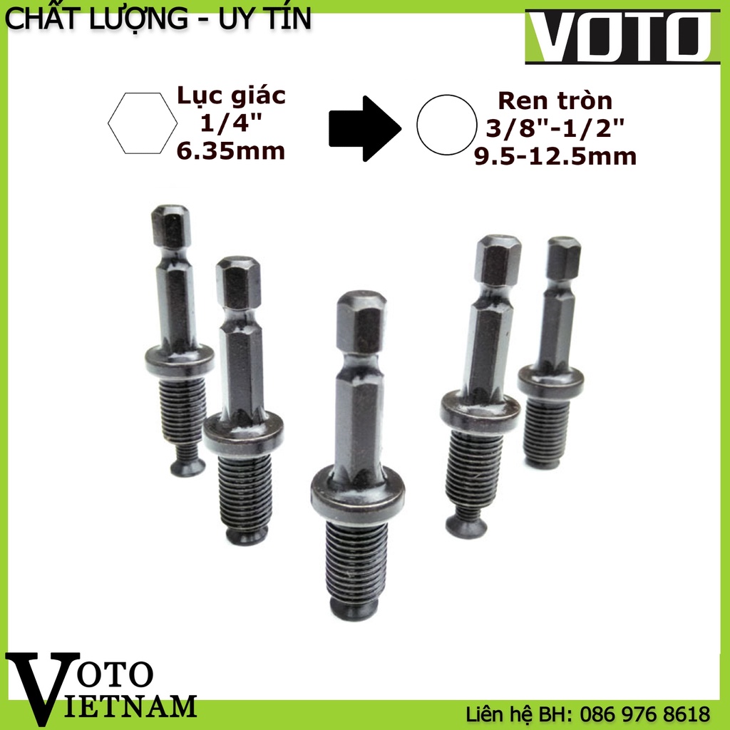 Đầu nối chuyển lục giác 1/4 sang ren tròn 3/8 và 1/2 gắn đầu kẹp khoan (chuyển lục giác sang khoan)