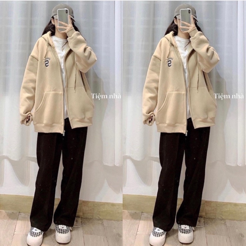 Áo Hoodie Kéo Khóa Rút Dây Màu Basic Dáng Rộng