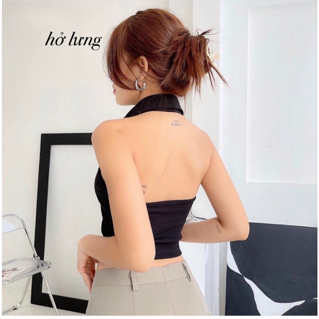 Áo Kiểu Nữ Ba Lỗ Croptop Cổ Bẻ Có Nút Hở Lưng