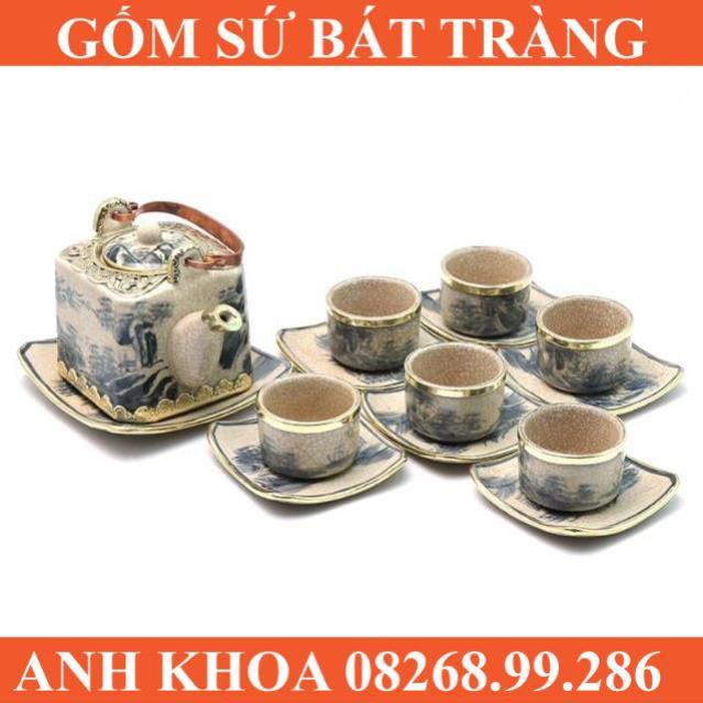 Ấm chén vuông men rạn quai đồng - Gốm sứ Bát Tràng Anh Khoa