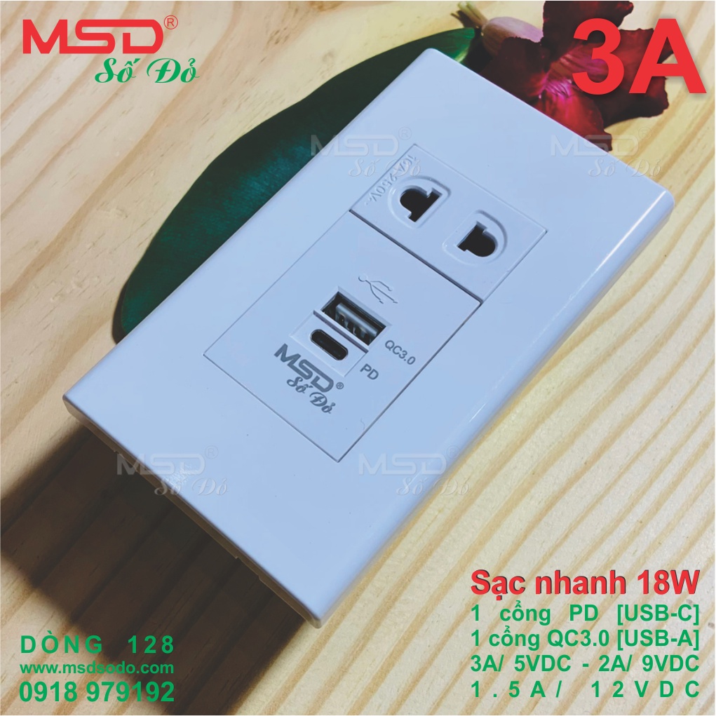 SẠC NHANH 18W ÂM TƯỜNG - PD 3A/5VDC - QC3.0 2.4A/5VDC - 1 Ổ CẮM 2P - MSD128