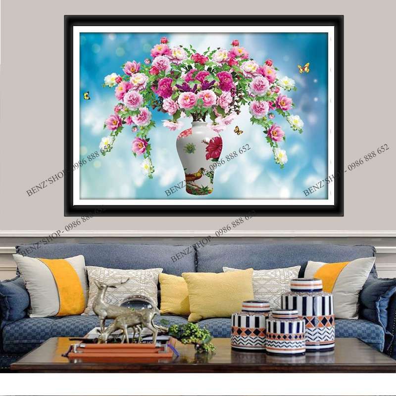 Tranh đính đá  Bình hoa hồng cổ VS279 , LV401 , Tranh thêu LV3344