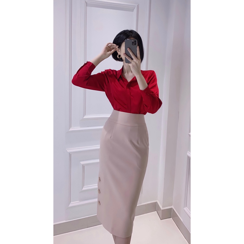 Áo Sơ mi lụa đỏ tay dài - A0539