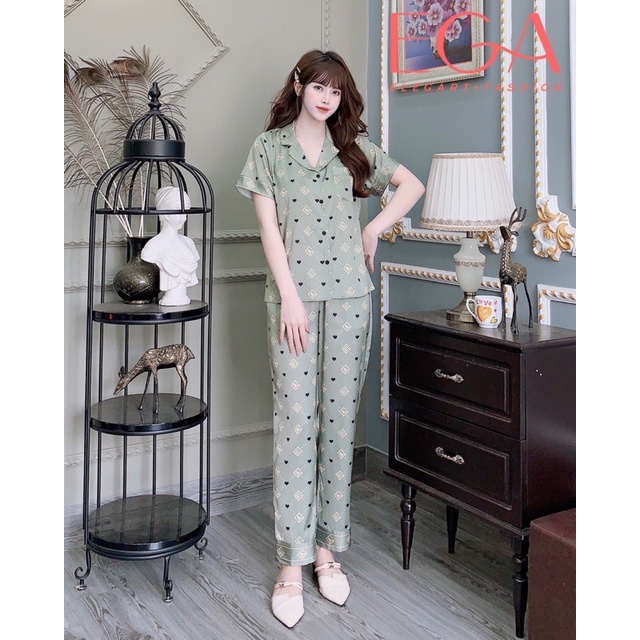 Bộ lụa ngắn tay nhà Lapeony -  ega áo ngắn tay quần dài bộ mặc nhà đẹp bộ pijama cao cấp