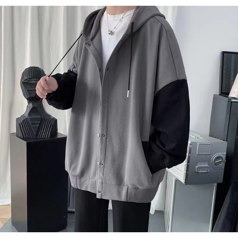 Áo khoác mũ bomber phối đen ghi