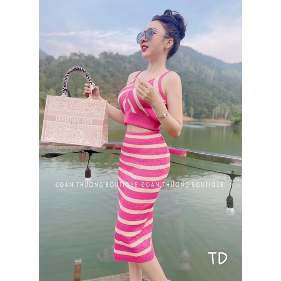 Set Váy Len Hai Dây Kẻ Màu Hồng Pink Cực Yêu Luôn, Len dày loại một V065