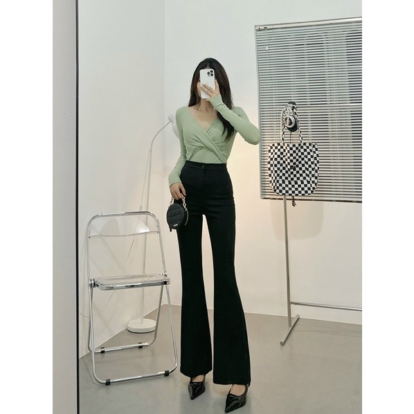 Áo croptop nữ tay dài HHVINTAGE kiểu xoắn 2 lớp co giãn Top A34