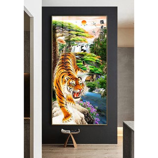 Tranh treo tường hiện đại phong thủy sơn thủy hổ xuống núi bóng kiếng hoặc vải canvas LV 120x240 cm 10-1-2021