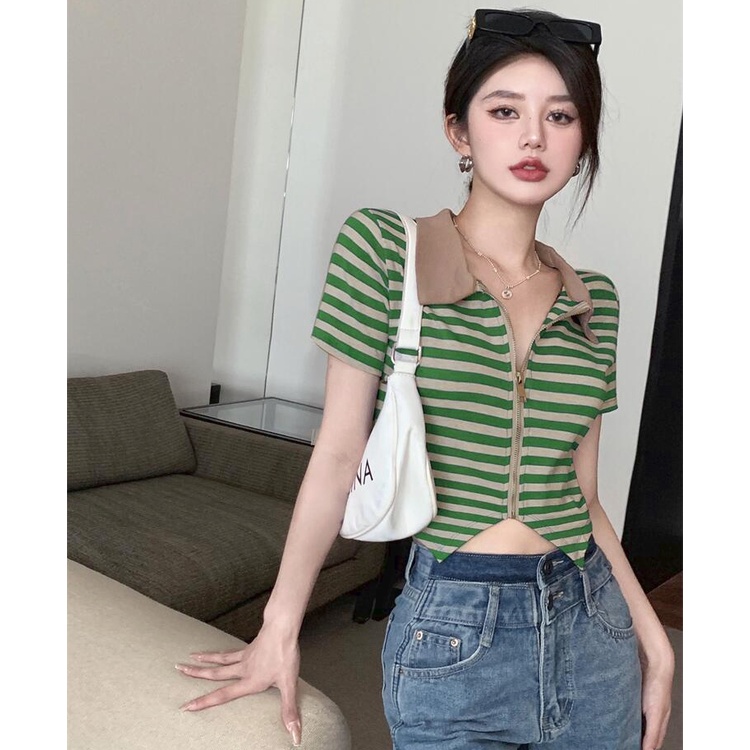 QKOOLE Áo Thun Tay Ngắn Có Khóa Kéo Phong Cách Hàn Quốc Cho Nữ