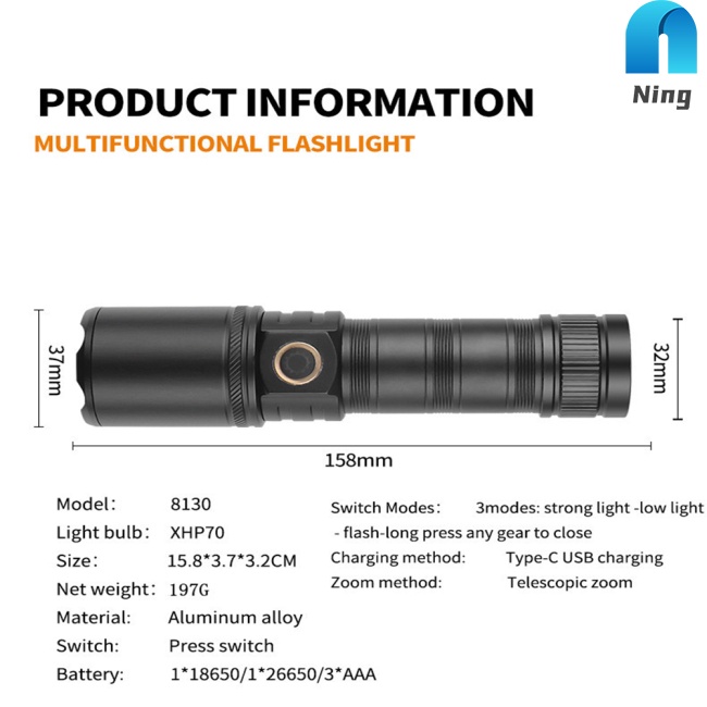 Đèn Pin Mini Xhp70 1200-1500 Lumens Loại c Ipx4 Chống Thấm Nước