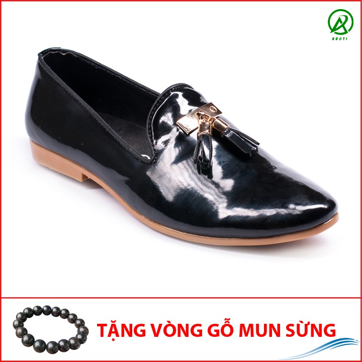 [Shop Uy Tín] Giày Lười Nam Đẹp Đế Khâu Chuông Vàng Da Bóng Màu Đen Phong Cách Hàn Quốc - M124-BONG(GM)- Kèm Vòng Gỗ Mun