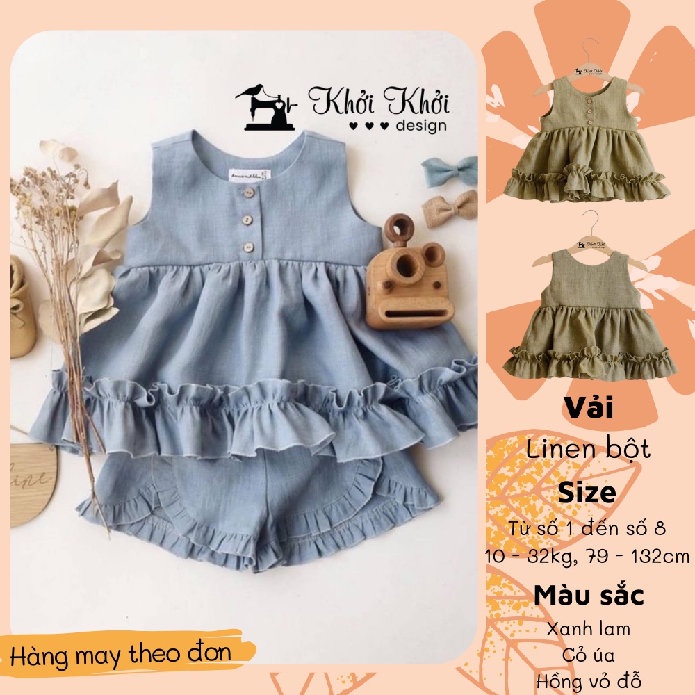 [HÀNG MAY THEO ĐƠN] BABY LINEN Em bé phong cách phương Tây mùa hè vải linen xù lông váy ngắn xếp li quần đùi hai mảnh