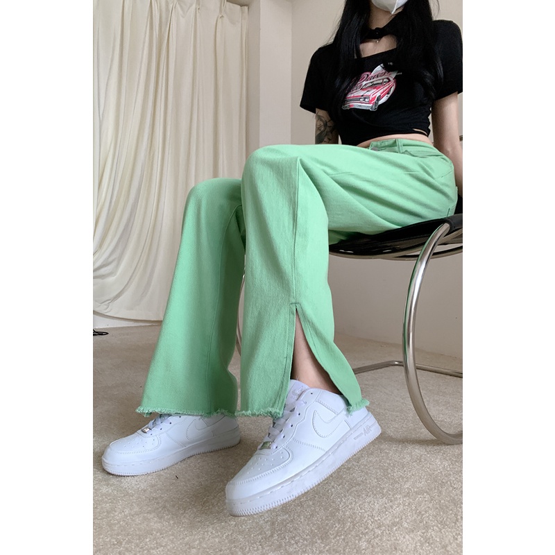 Quần Jean Dài Lưng Cao Dáng Rộng Xẻ Tà Màu Xanh Lá Nhạt Thời Trang Đường Phố Hợp Thời Trang Cho Nữ