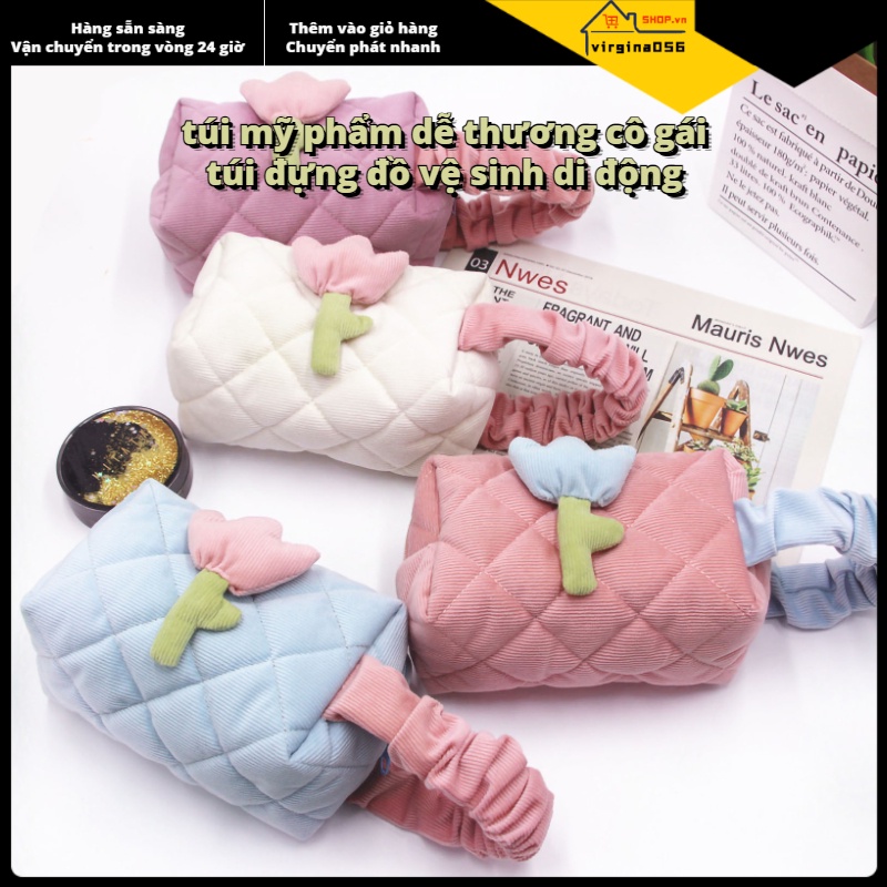 Có thể bán buôn Túi mỹ phẩm Corduroy Tulip có dung tích lớn đựng đồ vệ sinh di động đáng yêu cho bé gái Hàng giao ngayVirgina056