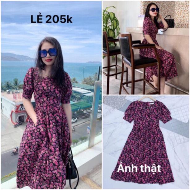 Bán sỉ Đầm hoa tím cổ vuông dáng xòe siêu xinh hàng loại đẹp