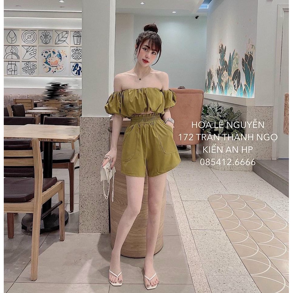Set Bộ Áo Trễ Vai Tay Bồng Quần Đùi Lưng Thun Ống Rộng Chất Liệu Umi Mặc Đi Chơi Siêu Thoải Mái Chanh Xả