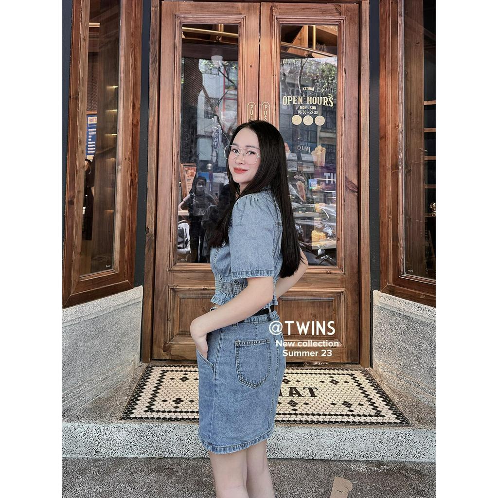 Set đồ nữ jeans cộc tay chun eo chân váy hàng khuy 8868