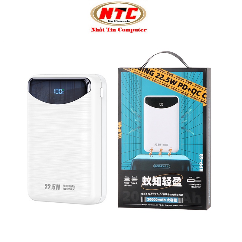 Pin dự phòng sạc nhanh Remax RPP-68 Ritry II Series 20000mAh siêu nhỏ gọn - hỗ trợ QC 22.5W và PD 20W (trắng)