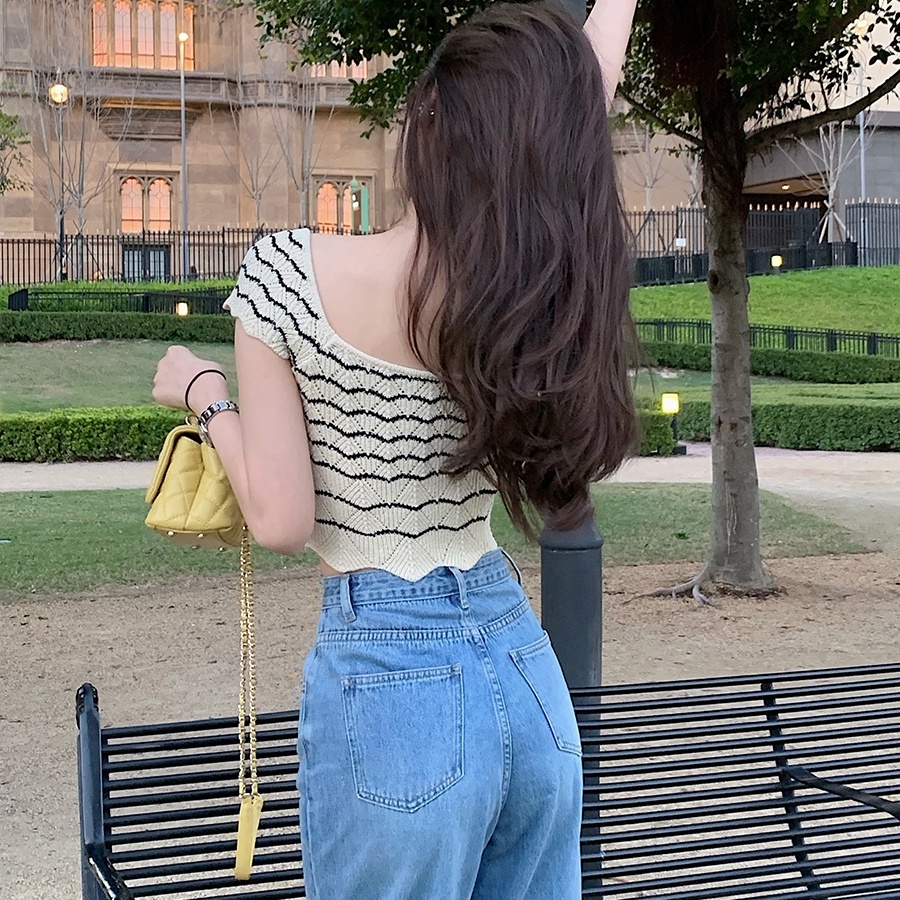 Đầm dệt kim SUXI cổ vuông không tay họa tiết kẻ sọc thời trang mùa hè cho nữ