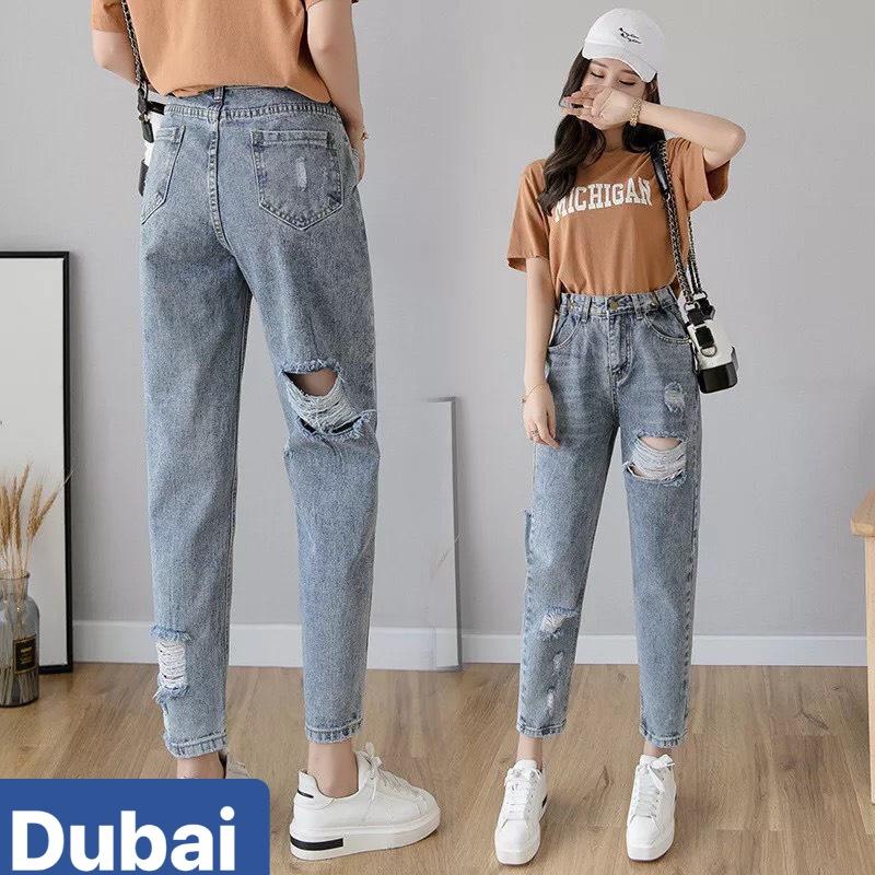 QUẦN JEAN NỮ CHẤT BÒ XANH RÁCH ĐÙI GÓT SAU SIÊU CO GIÃN HÀN QUỐC LƯNG CAO NÂNG MÔNG DB-056,DUBAI FAS