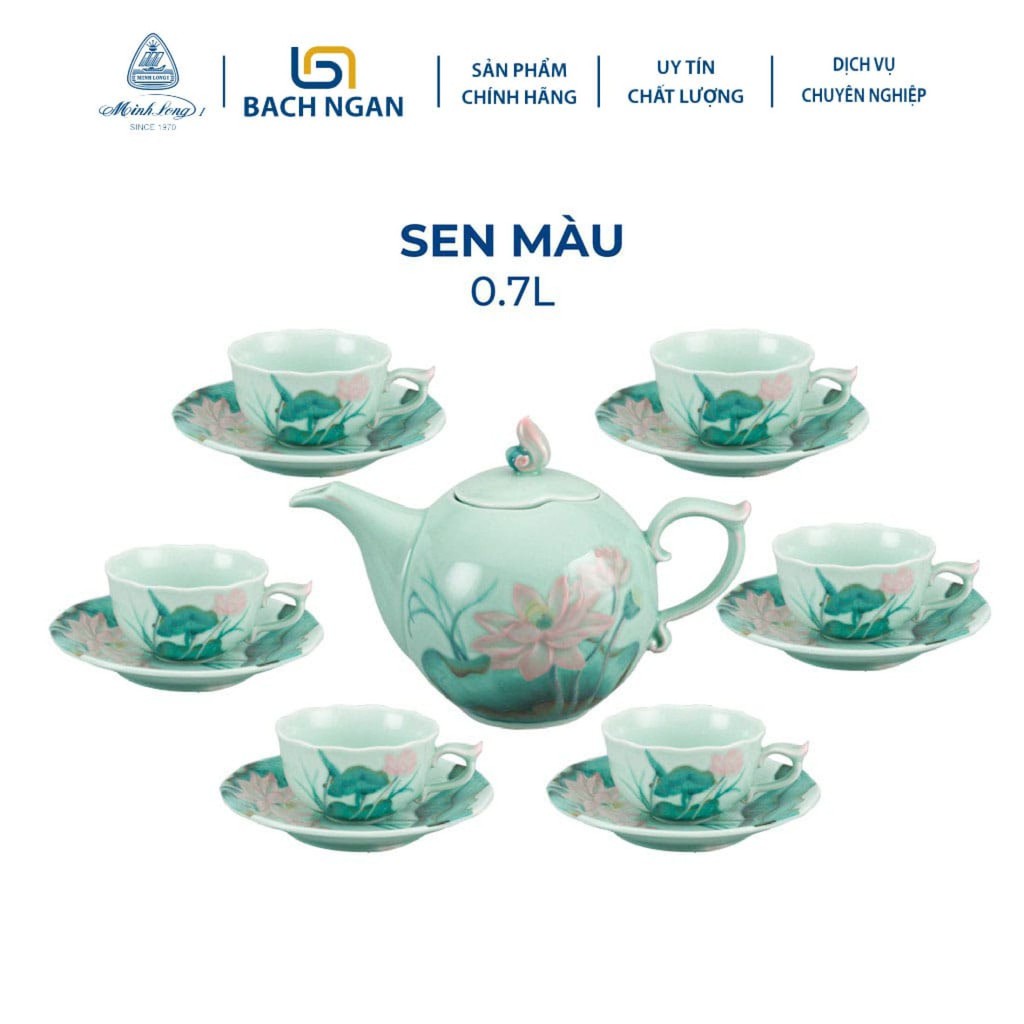 Bộ Ấm Trà Gốm Sứ Cao Cấp Minh Long Sen Màu 0.7L hàng đẹp, sang trọng đãi khách, quà tặng - 6 tách