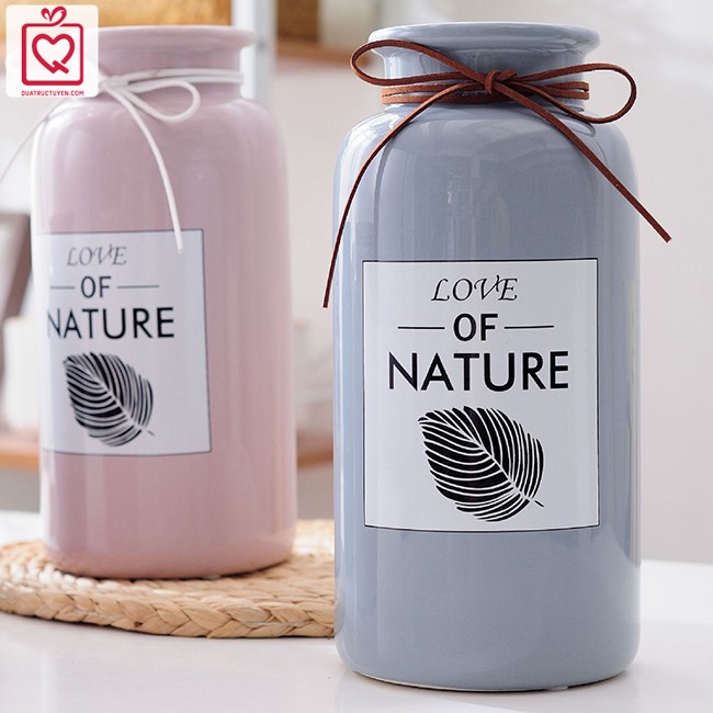 Lọ hoa dáng trụ Love Nature màu Pastel cổ thắt nơ, bình hoa trang trí gốm sứ