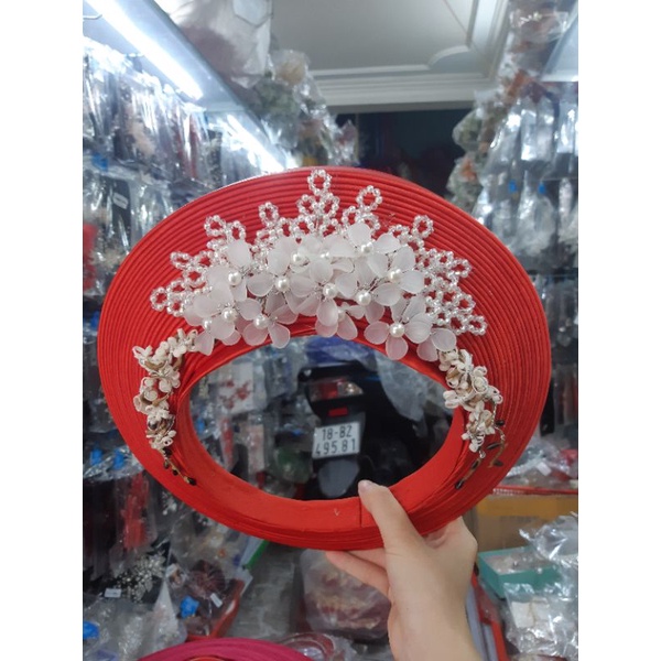 Khăn đống cô dâu 25 tầng màu đỏ đính hoa và hạt