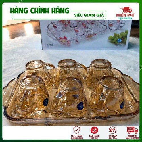 Bộ 6 Cốc Thủy Tinh Pha Lê - Bộ 6 Cốc Pha Lê Vàng Kèm Khay Sang Trọng- T2K Shop