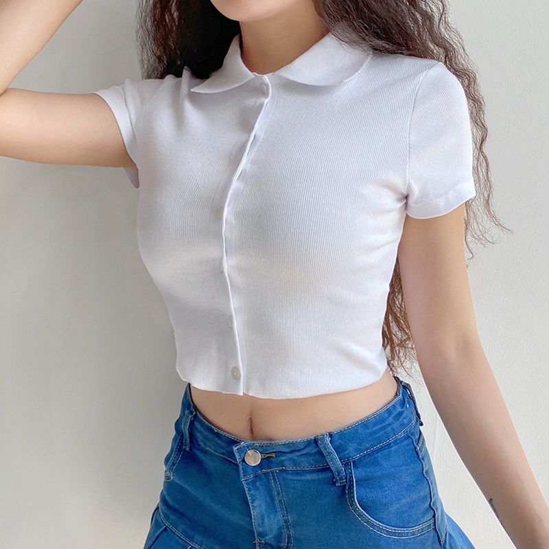 Áo Thun Nữ Tay Ngắn Có Cổ Phong Cách Hàn Quốc