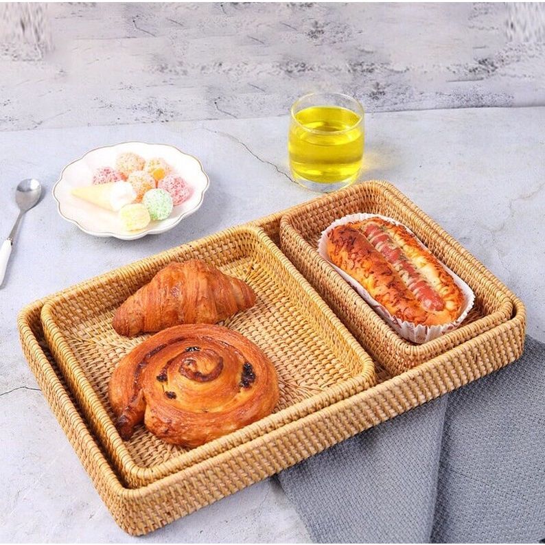 [Mã BMBAU50 giảm 10% đơn 99k] Khay mây chữ nhật DepotFix bày đồ ăn (Rattan tray set of 3 Size)