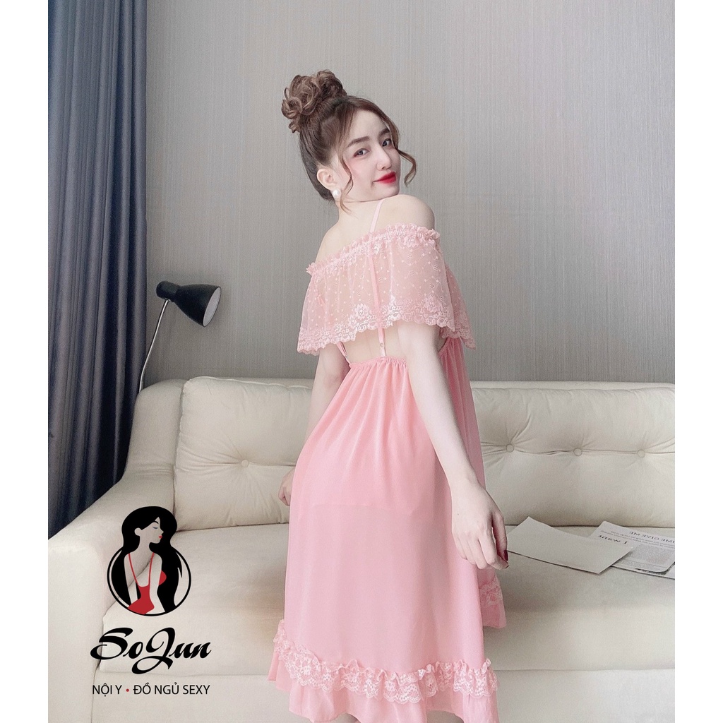 Váy Ngủ Nữ SOJUN Vải Chiffon Bẹt Vai Kèm Quần Dưới 70Kg